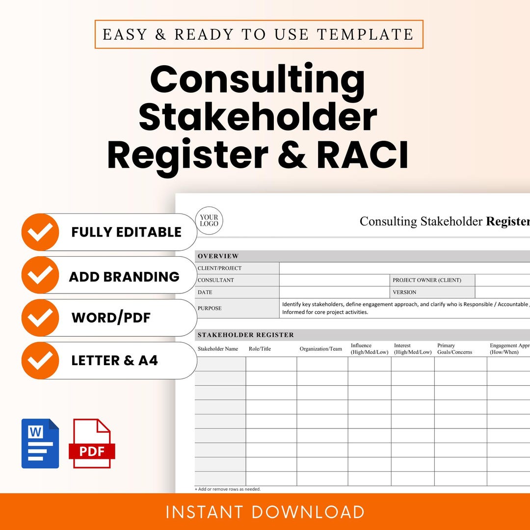 Consulting Stakeholder Register and RACI Matrix Template – Word & PDF ...