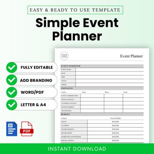 Puede incluir: Una plantilla de Planificador de Eventos Simple con fondo blanco. La plantilla incluye secciones para la descripción general del evento, contactos y presupuesto. El texto incluye "Easy & Ready to Use Template" y "Instant Download."