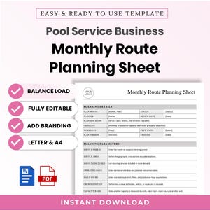 Puede incluir: Una plantilla de hoja de planificación de rutas mensuales para servicios de piscina con secciones para detalles y parámetros. El documento incluye campos para el mes del plan, estado, planificador, fecha de revisión, objetivo y unidades.