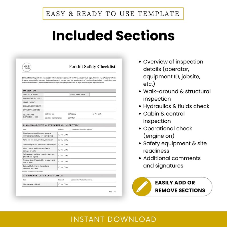 Forklift Safety Checklist Template – Word & PDF, A4 + US Letter - Etsy