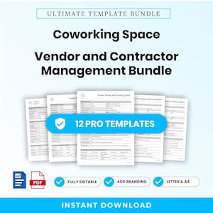Op de afbeelding: Een digitaal pakket met 12 professionele sjablonen voor het beheer van leveranciers en aannemers in coworkingruimtes. De documenten bevatten gestructureerde formulieren voor behoeften, inkoopopdrachten en evaluatiematrices.