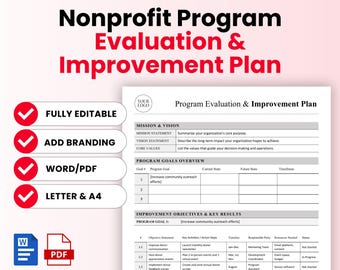 Może przedstawiać: Biały i czerwony szablon zatytułowany "Plan ewaluacji i ulepszania programu non-profit". Dokument zawiera sekcje dotyczące misji, wizji, celów programu i celów ulepszeń. Zawiera w pełni edytowalne opcje, dodawanie marki i Word/PDF.