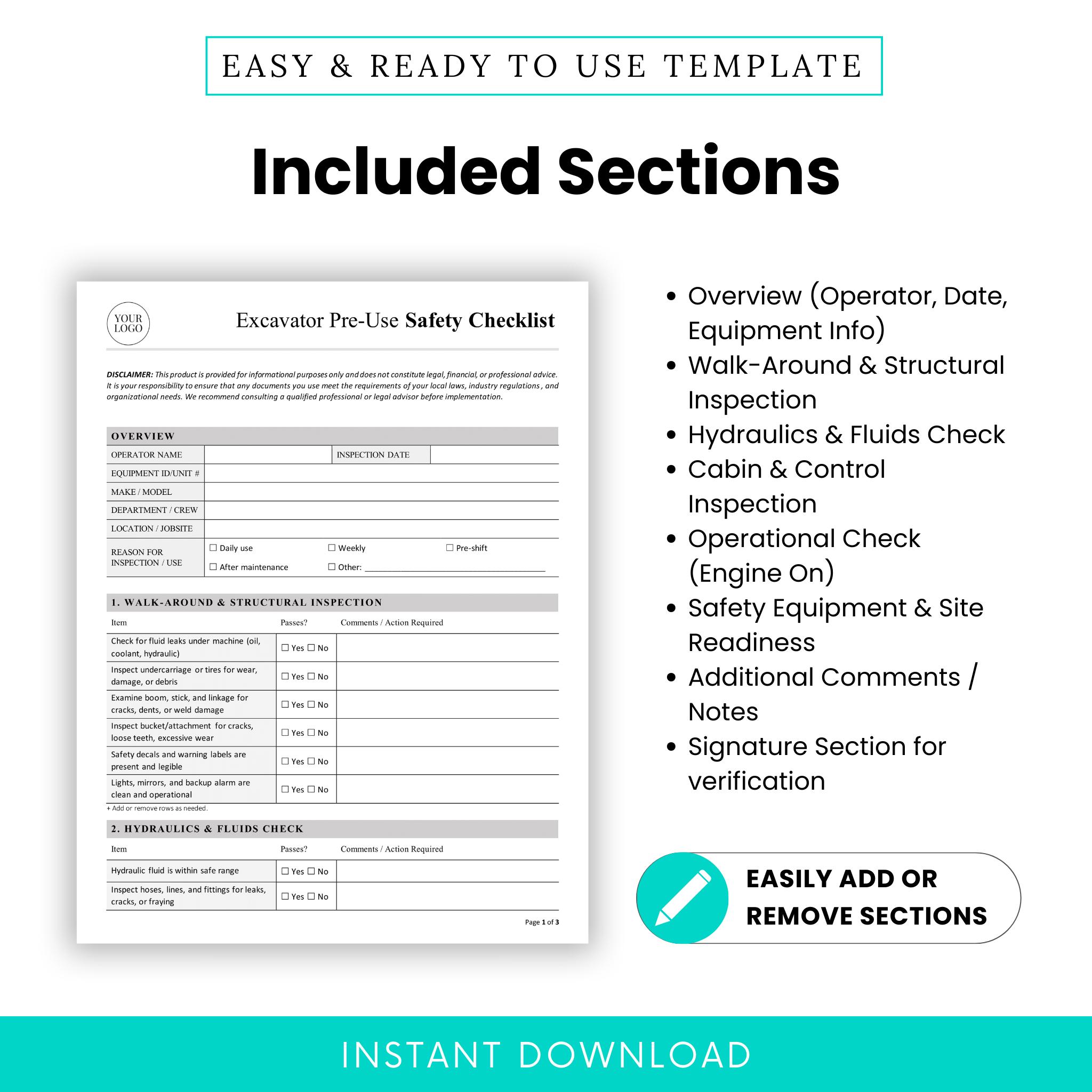 Excavator Pre-use Safety Checklist Template – Word & PDF, A4 + US ...