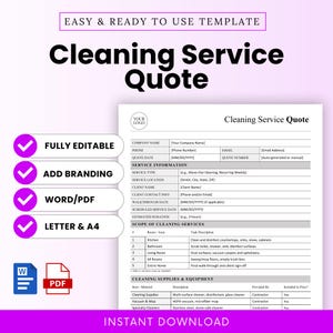 May include: A cleaning service quote template with the text "Cleaning Service Quote" in large, bold letters. The template includes sections for company information, service details, and a scope of cleaning services. The template is fully editable and available for instant download.