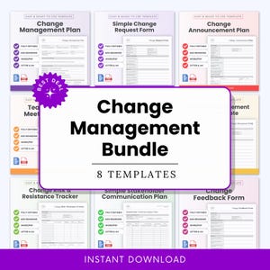 Può includere: Un pacchetto di otto modelli di gestione del cambiamento, tra cui piani, moduli di richiesta e tracker. I modelli sono disponibili in vari formati, tra cui Word e PDF, e sono completamente modificabili. L'immagine ha una combinazione di colori viola e bianco.