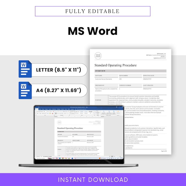 Microsoft Word version of customer service SOP template. Editable and downloadable in both Letter and A4 sizes. Perfect for standardizing internal customer support processes.