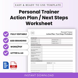 May include: A white Personal Trainer Action Plan / Next Steps Worksheet template with a purple and white border. The template includes sections for client information, session details, and goals. The text "Personal Trainer Action Plan / Next Steps Worksheet" is displayed in bold black font.