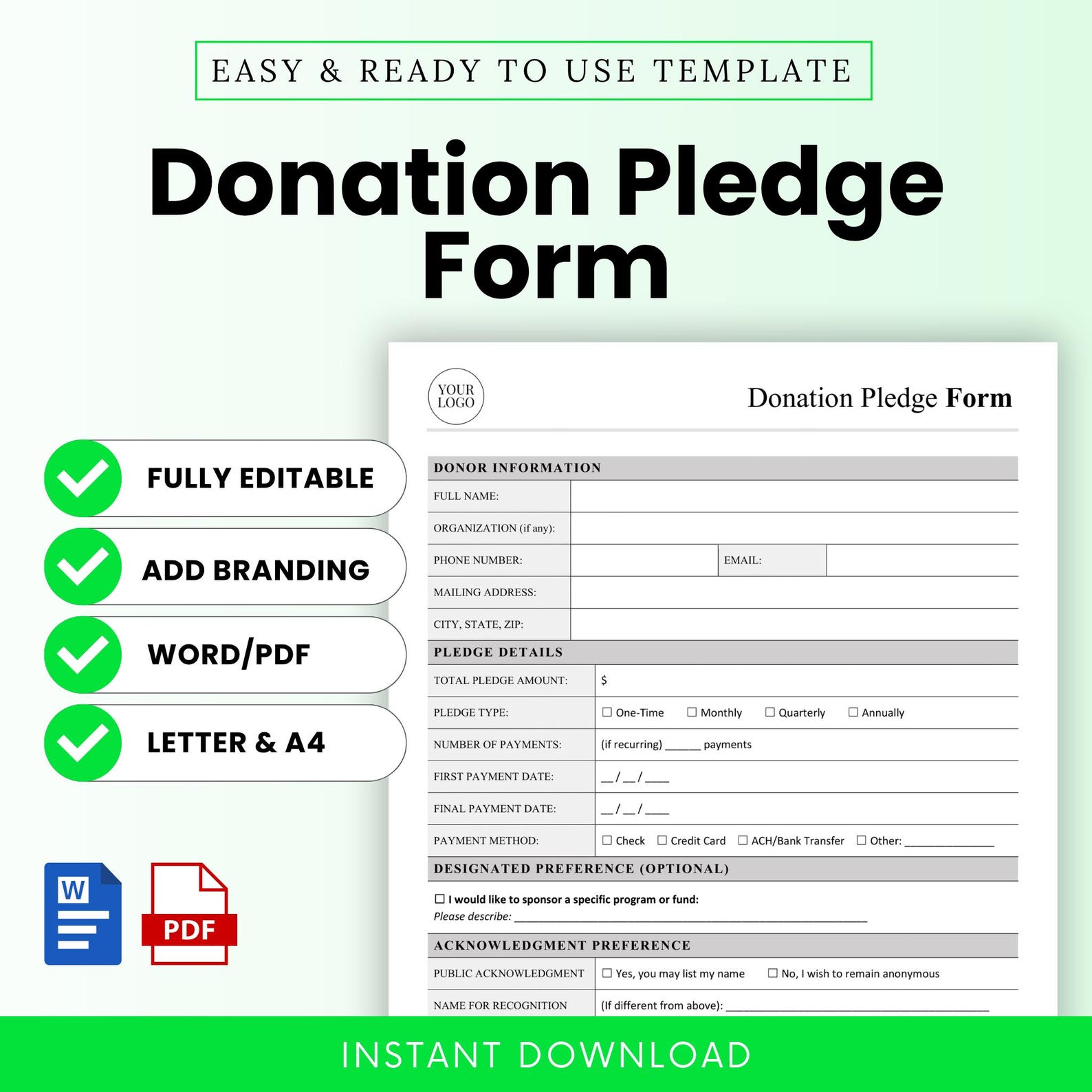 Donation Pledge Form Template – Word & PDF, A4 + US Letter - Etsy