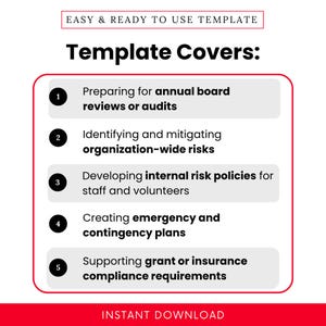 Visual explainer showing nonprofit use cases for the Risk Management Plan Template, including annual board audits, risk identification, internal policy creation, emergency planning, and grant or insurance compliance. Perfect for nonprofit executive directors and board members.