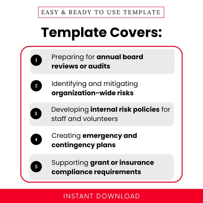 Visual explainer showing nonprofit use cases for the Risk Management Plan Template, including annual board audits, risk identification, internal policy creation, emergency planning, and grant or insurance compliance. Perfect for nonprofit executive directors and board members.