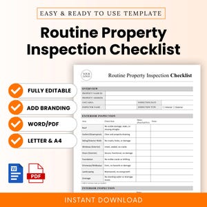 Könnte beinhalten: Eine druckbare Routine-Immobilien-Inspektions-Checkliste. Das Dokument enthält Abschnitte für Außen- und Inneninspektionen mit Feldern für Notizen und Status. Funktionen umfassen voll editierbar, Branding hinzufügen, Word/PDF und A4.