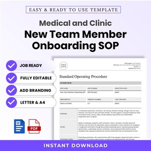 Op de afbeelding: Een digitaal sjabloon voor een standaardwerkprocedure voor het onboarden van nieuwe teamleden in medische en klinische omgevingen. Het document bevat secties voor overzicht, doel, reikwijdte en beoogde gebruikers, met Word- en PDF-pictogrammen en labels voor letter- en A4-formaten.