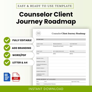 May include: A Counselor Client Journey Roadmap template with the text "Easy & Ready to Use Template" at the top. The document includes sections for client information, program details, and a journey overview. Icons indicate it's fully editable, allows branding, and is available in Word/PDF formats.