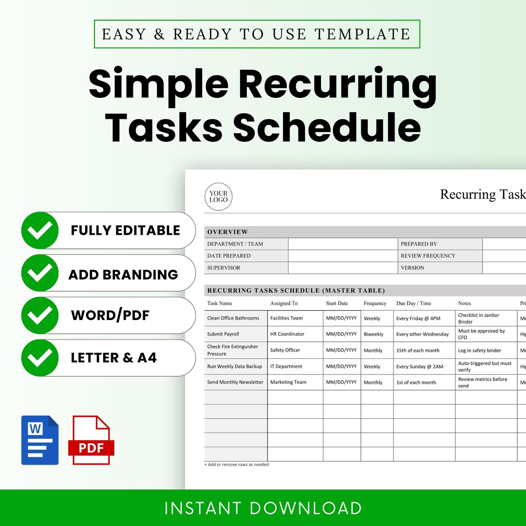 Simple Recurring Tasks Schedule Template – Word & PDF, A4 + US Letter ...