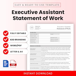 May include: An Executive Assistant Statement of Work template document featuring sections for project overview and summary. The document includes placeholders for company details, service provider, client, and project specifics. Icons for Word and PDF formats are shown alongside red checkmark bullet points.