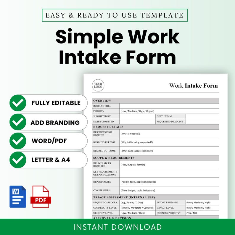 Simple Work Intake Form Template – Word & PDF, A4 + US Letter - Etsy