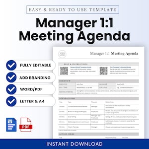 1:1 Manager Meeting Agenda (Word, PDF) | Employee Agenda, One on One, HR Templates, HR Forms, Meeting Minutes, Leadership Training, Schedule