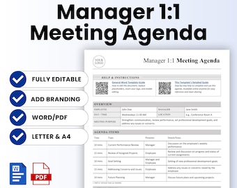 1:1 Manager Meeting Agenda (Word, PDF) | Employee Agenda, One on One, HR Templates, HR Forms, Meeting Minutes, Leadership Training, Schedule