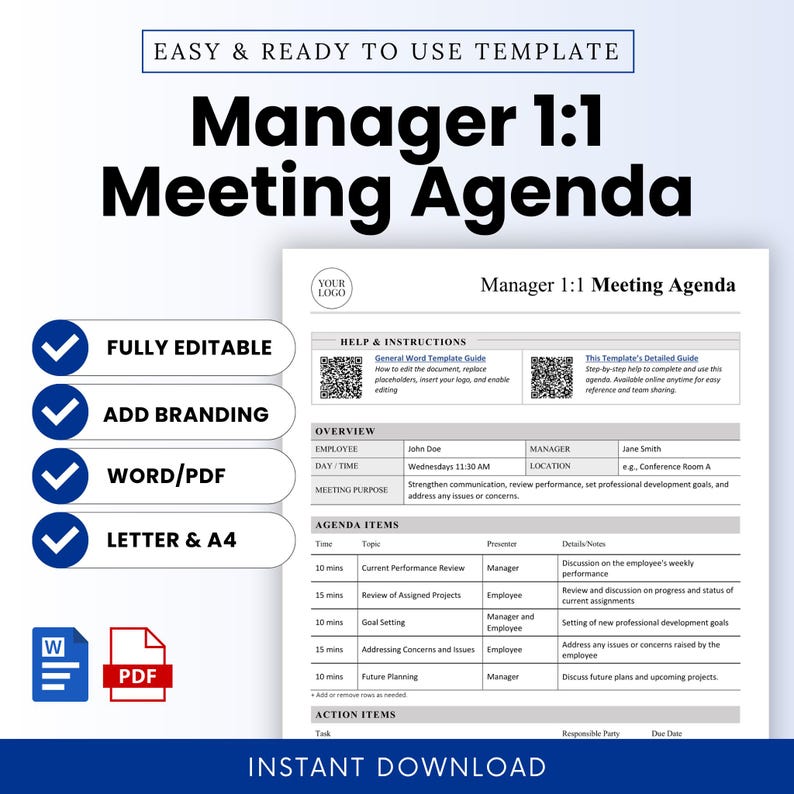 Easy-to-use editable Manager 1-on-1 Meeting Agenda Template featuring meeting overview, agenda items, and action tracking; includes Word and PDF formats in Letter & A4 sizes, perfect for team leaders and HR professionals.