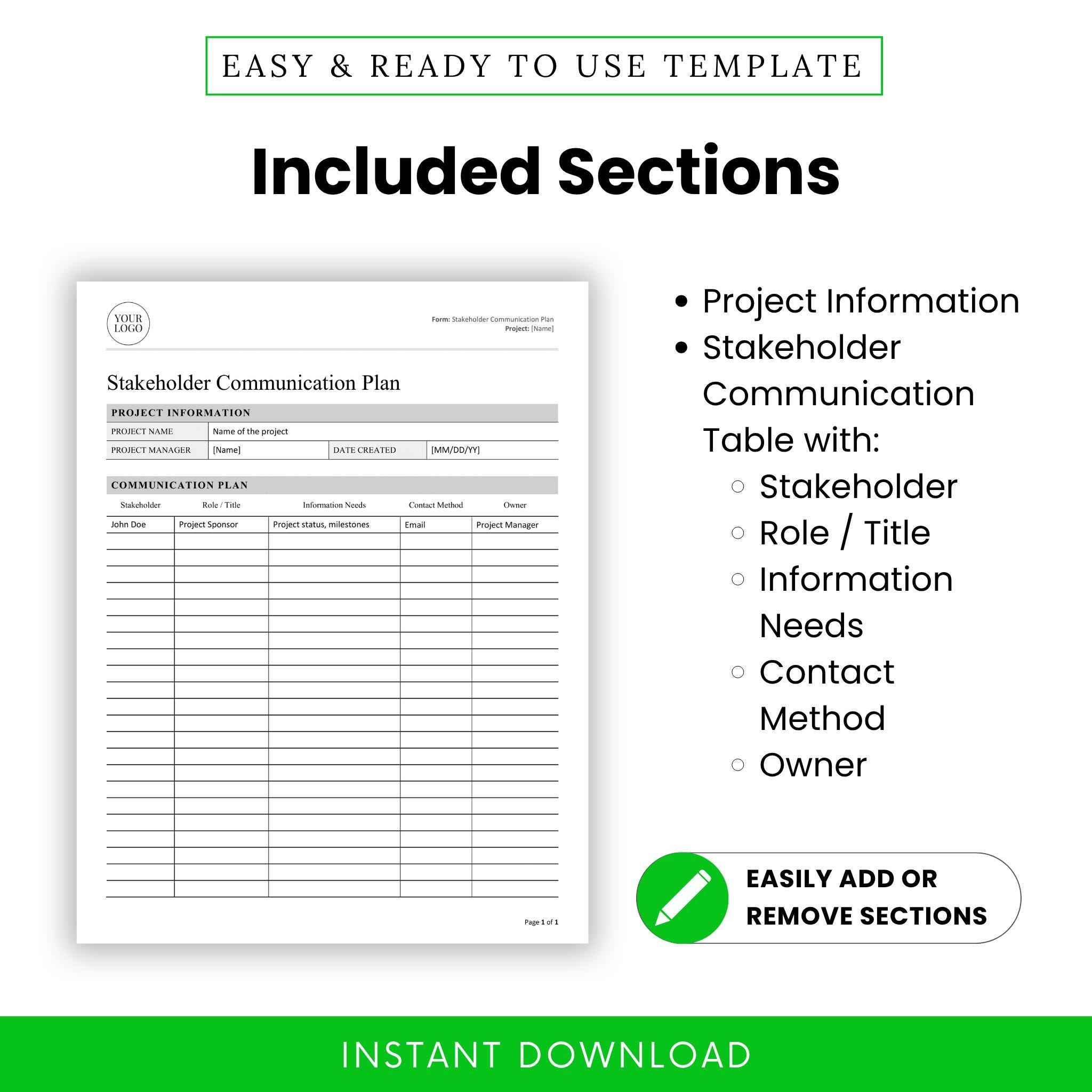 Simple Stakeholder Communication Plan Template (word, PDF) - Etsy