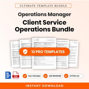 Puede incluir: Un paquete de documentos digitales titulado Ultimate Template Bundle, Operations Manager Client Service Operations Bundle, que incluye 12 plantillas profesionales. Incluye iconos de Word y PDF, totalmente editable, añadir marca, y formatos carta y A4.