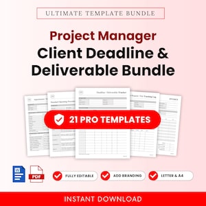 Puede incluir: Un paquete de documentos digitales titulado Ultimate Template Bundle, Project Manager Client Deadline & Deliverable Bundle, que incluye 21 plantillas profesionales. Incluye iconos de Word y PDF, editables y formato A4.