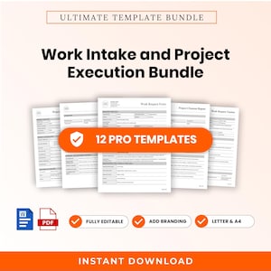 Könnte beinhalten: Ein digitales Paket mit 12 professionellen Vorlagen für Arbeitsanfragen und Projektabwicklung. Die Dokumente enthalten Formulare für Anfragen, Projektabschlüsse und Tracker. Mit Word- und PDF-Symbolen, Hinweisen auf Bearbeitbarkeit, Branding-Optionen, Letter- und A4-Formaten sowie Sofort-Download.
