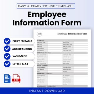 May include: A white Employee Information Form template with a gray header and sections for employee details, contact information, and employment data. The form includes the text "Employee Information Form" and "Instant Download."
