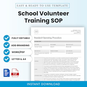 May include: A School Volunteer Training SOP template document featuring sections for overview, purpose, scope, intended users, and frequency. The document includes placeholders for branding, SOP name, number, and dates, with Word and PDF icons included.