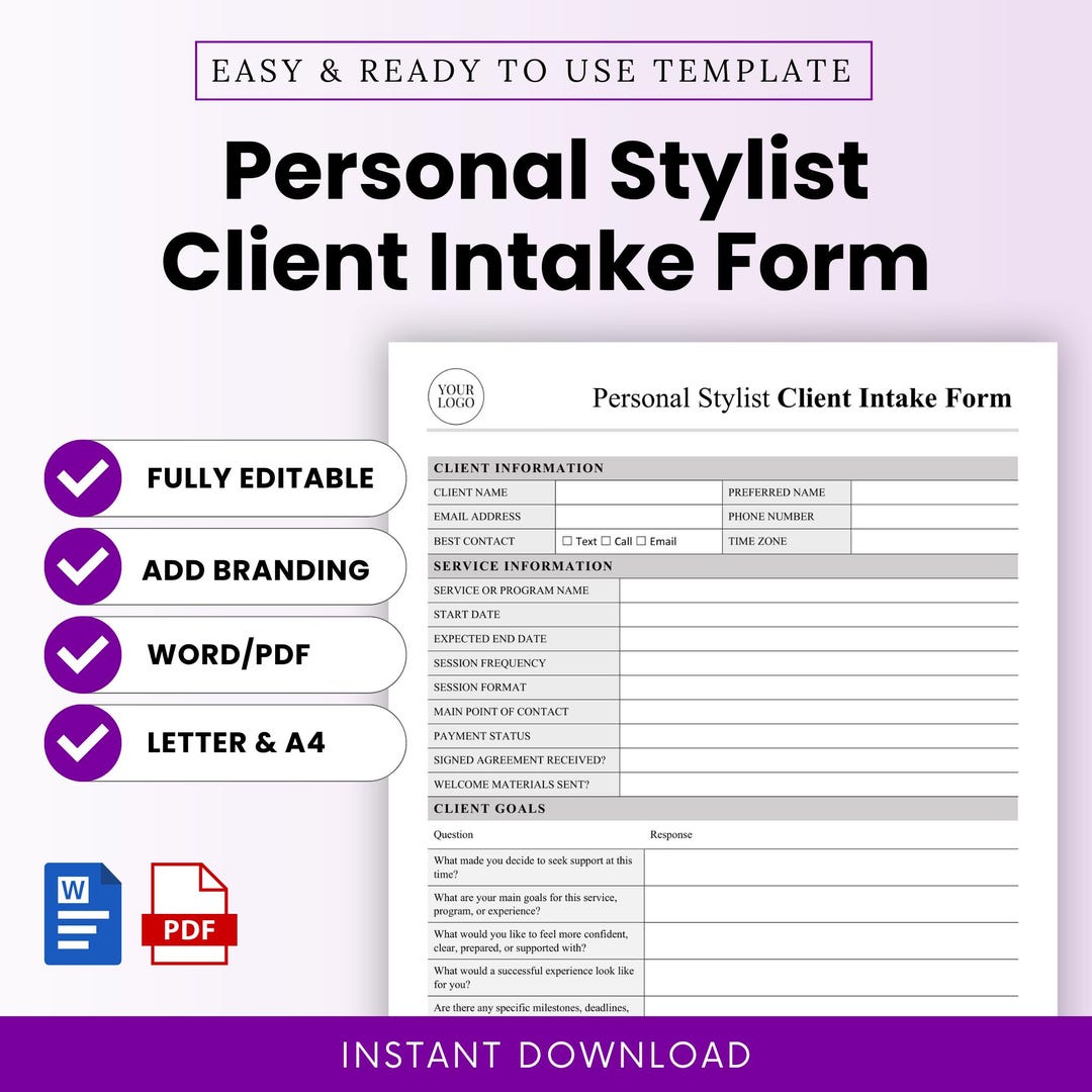 Personal Stylist Client Intake Form Template – Word & PDF, A4 + US ...