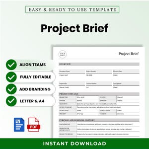 Può includere: Un modello digitale di brief di progetto con sezioni per panoramica, dettagli del progetto e scopo. Il layout include segnaposto per il branding, ID progetto, proprietario e obiettivi, insieme a icone Word e PDF e punti elenco con segno di spunta.