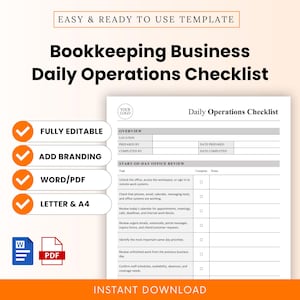 Peut inclure: Un modèle numérique de liste de contrôle des opérations quotidiennes pour une entreprise de comptabilité. Le document comprend des sections pour l'aperçu, le lieu, le préparateur et la date, ainsi qu'un tableau de revue de début de journée.