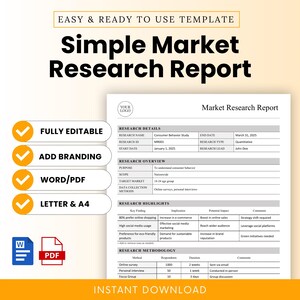 May include: A white and gray market research report template with the title "Simple Market Research Report." The document includes sections for research details, overview, highlights, and methodology. The template is fully editable and available for instant download.