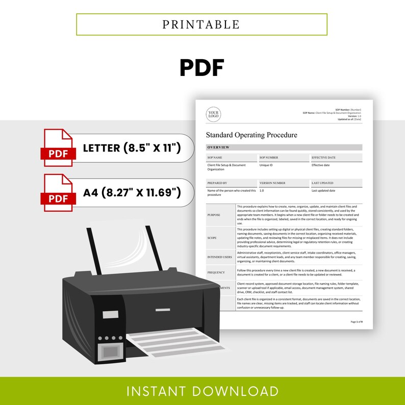 Bookkeeping Client File Setup & Document Organization Template PDF shown as a printable file in Letter and A4 sizes for office use, training, and process reference. This printable bookkeeping SOP template helps teams follow a consistent process for client files, receipts, bank statements, invoices, payroll records, and uploaded documents.