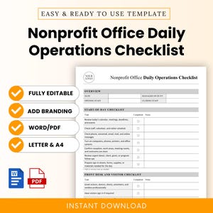 Peut inclure: Modèle imprimable de liste de contrôle quotidienne des opérations de bureau d'une organisation à but non lucratif. Le document comprend des sections pour les tâches quotidiennes, les listes de contrôle de début de journée et les listes de contrôle de la réception/des visiteurs.