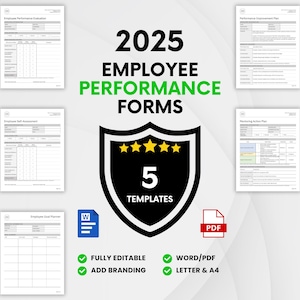 May include: Five editable employee performance review templates for 2025. The templates are available in Word and PDF formats and are fully editable. The templates are designed for letter and A4 paper sizes.