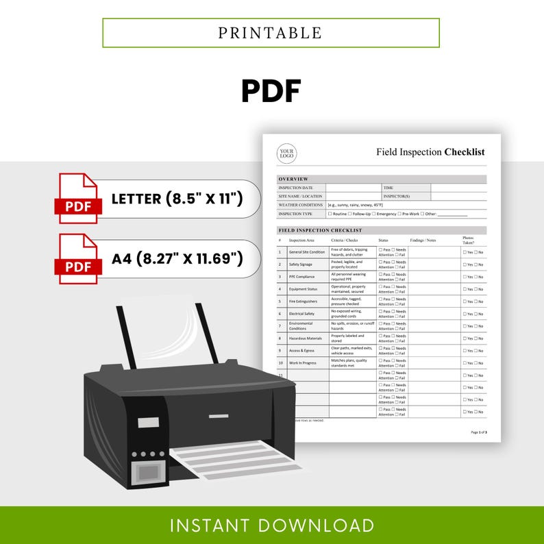 Field Inspection Checklist Template – Word & PDF, A4 + US Letter - Etsy ...