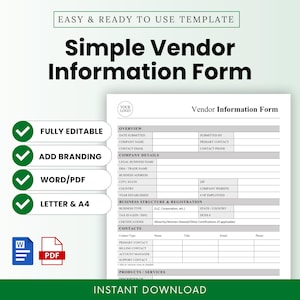 Puede incluir: Una plantilla de formulario de información simple para proveedores con un borde verde y el texto "EASY & READY TO USE TEMPLATE". El formulario incluye secciones para detalles de la empresa, contactos y estructura empresarial.