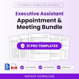 Peut inclure: Un ensemble de modèles pour assistant de direction comprenant 21 modèles professionnels. Ce kit numérique inclut des formulaires pour les ordres du jour, les comptes rendus et les contacts, disponibles en formats Word et PDF pour A4 et Letter.