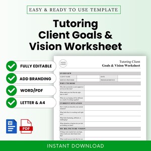 Op de afbeelding: Een wit werkblad getiteld "Tutoring Client Goals & Vision Worksheet" met secties voor klantinformatie en doelstellingen. Functies zijn onder meer "Volledig bewerkbaar", "Branding toevoegen" en "Word/PDF". Ontworpen voor direct downloaden.