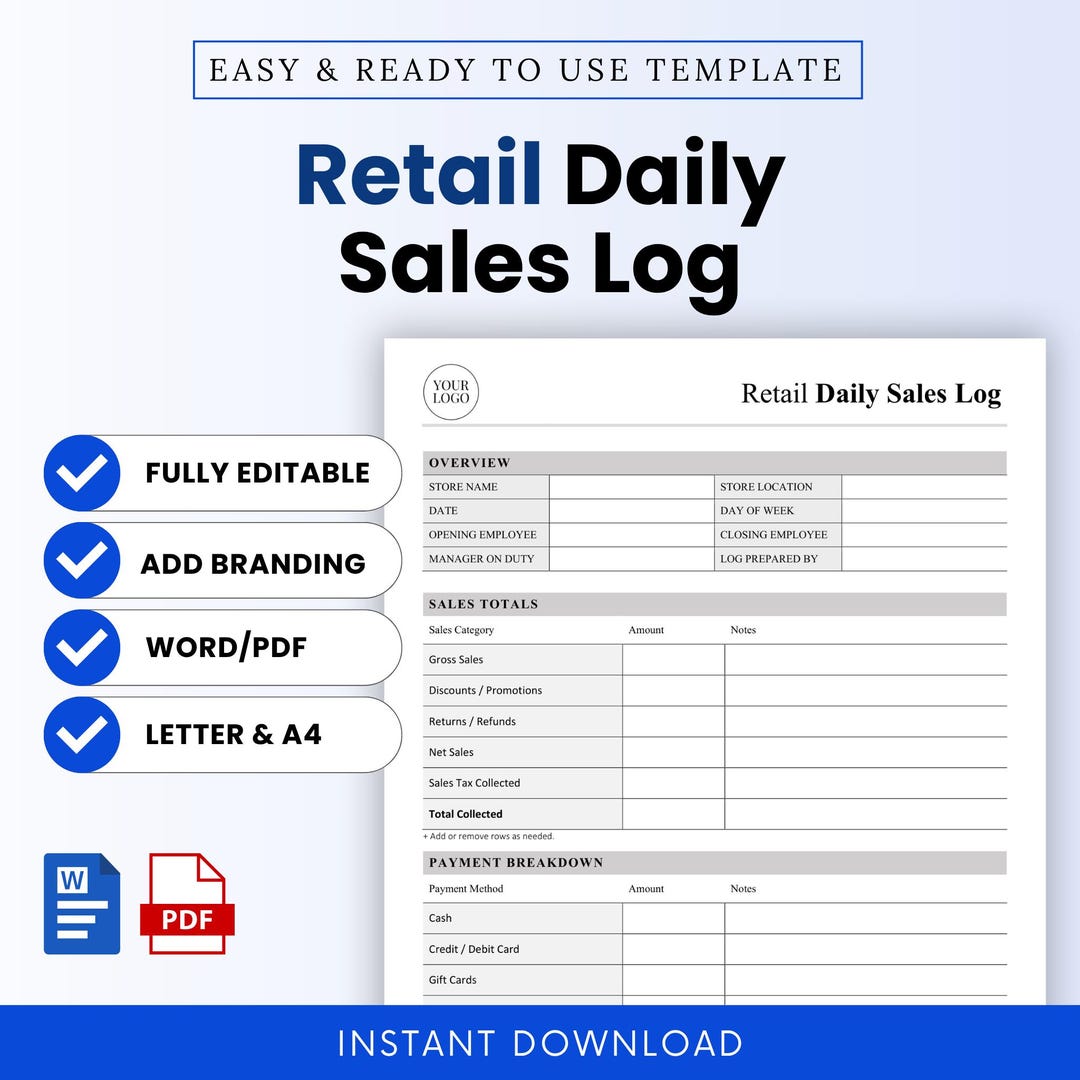 Retail Daily Sales Log Template – Word & PDF, A4 + US Letter - Etsy