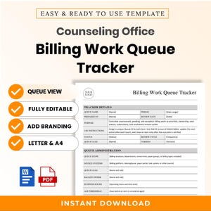 May include: A digital template for a Counselling Office Billing Work Queue Tracker. The document includes sections for tracker details and queue administration, with fields for queue name, period, status, and scope. Icons for Word and PDF are included.