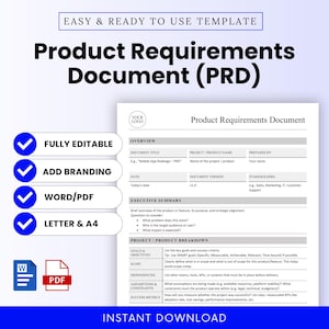 Simple Project Requirements Document (Word, PDF) | PRD Template, Editable Word, Printable PDF, Project Scope & Functional Specs, Letter, A4