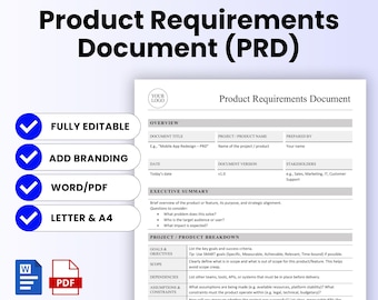 Simple Project Requirements Document (Word, PDF) | PRD Template, Editable Word, Printable PDF, Project Scope & Functional Specs, Letter, A4