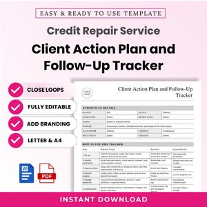 Peut inclure: Un modèle numérique pour un plan d'action client et un suivi de relance pour service de réparation de crédit. Le document comprend des sections pour les détails du plan d'action et des instructions d'utilisation. Disponible en Word et PDF.