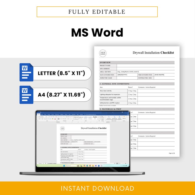 Pre Drywall Checklist.pdf Drywall Installation Checklist Template – Word & PDF, A4 + US Letter - Etsy