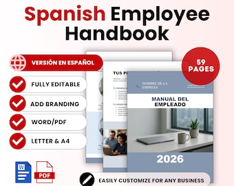 May include: A Spanish Employee Handbook template with the text "Spanish Employee Handbook" in large, bold letters. The image includes the words "Fully Editable", "Add Branding", "Word/PDF", and "Letter & A4". The handbook has 59 pages and is for 2026.