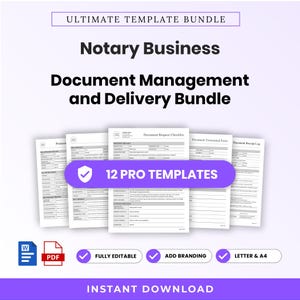 Op de afbeelding: Een digitaal sjabloonpakket voor notariskantoren met de tekst ULTIMATE TEMPLATE BUNDLE, Notary Business, Document Management and Delivery Bundle en 12 PRO TEMPLATES. Bevat Word- en PDF-pictogrammen en bewerkbare documentformulieren.