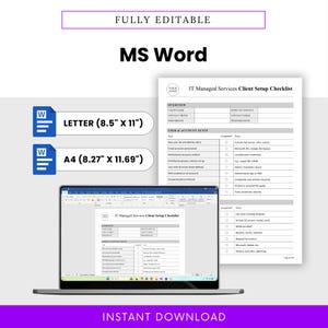 Mockup showing the editable checklist in MS Word on a laptop, with callouts for Letter and A4 sizes. Emphasizes full customization in Word format for IT professionals managing client onboarding.