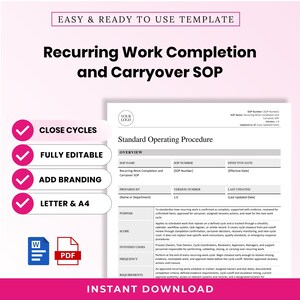 May include: A digital template for a Recurring Work Completion and Carryover SOP. The document includes sections for overview, purpose, scope, intended users, frequency, and requirements. It features pink checkmark icons and Word and PDF icons.